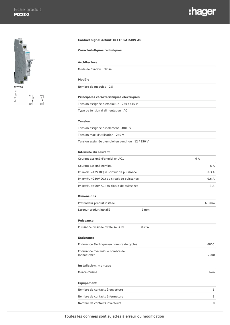 Page n°1 - Fiche technique Hager MZ202