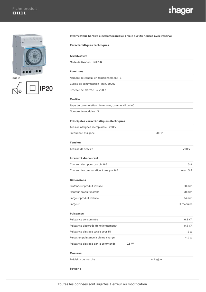 Page n°1 - Fiche technique Hager EH111