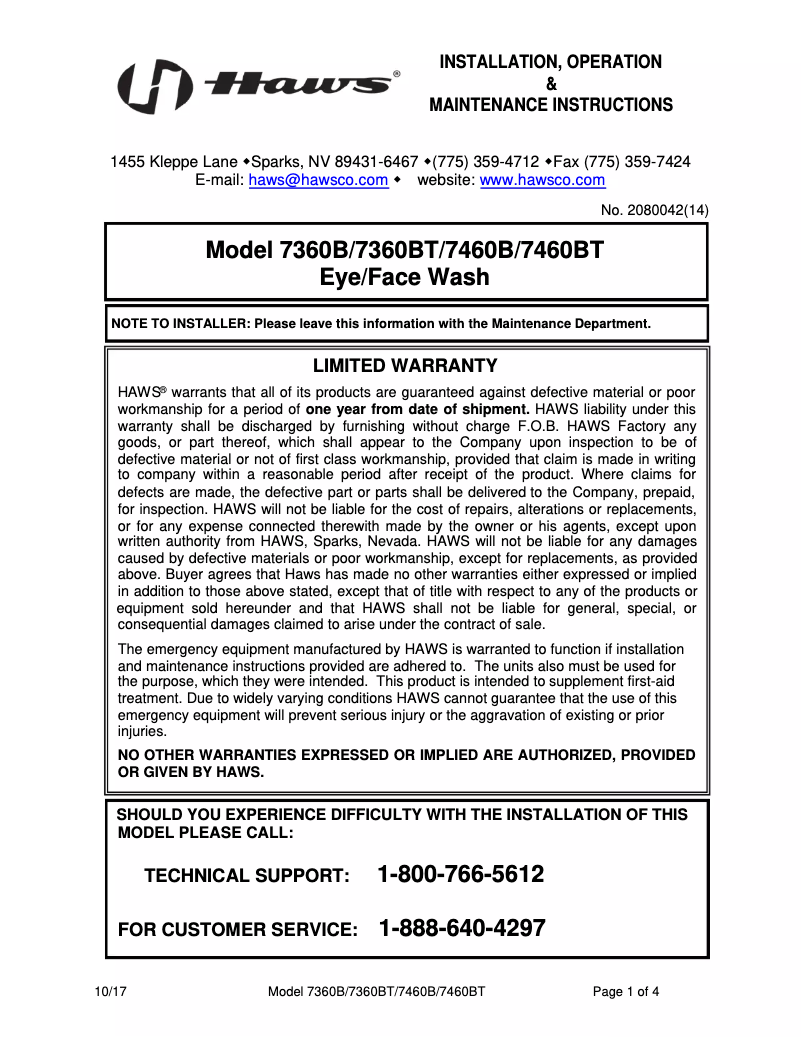 Page 1 de la notice Manuel utilisateur Haws 7360B