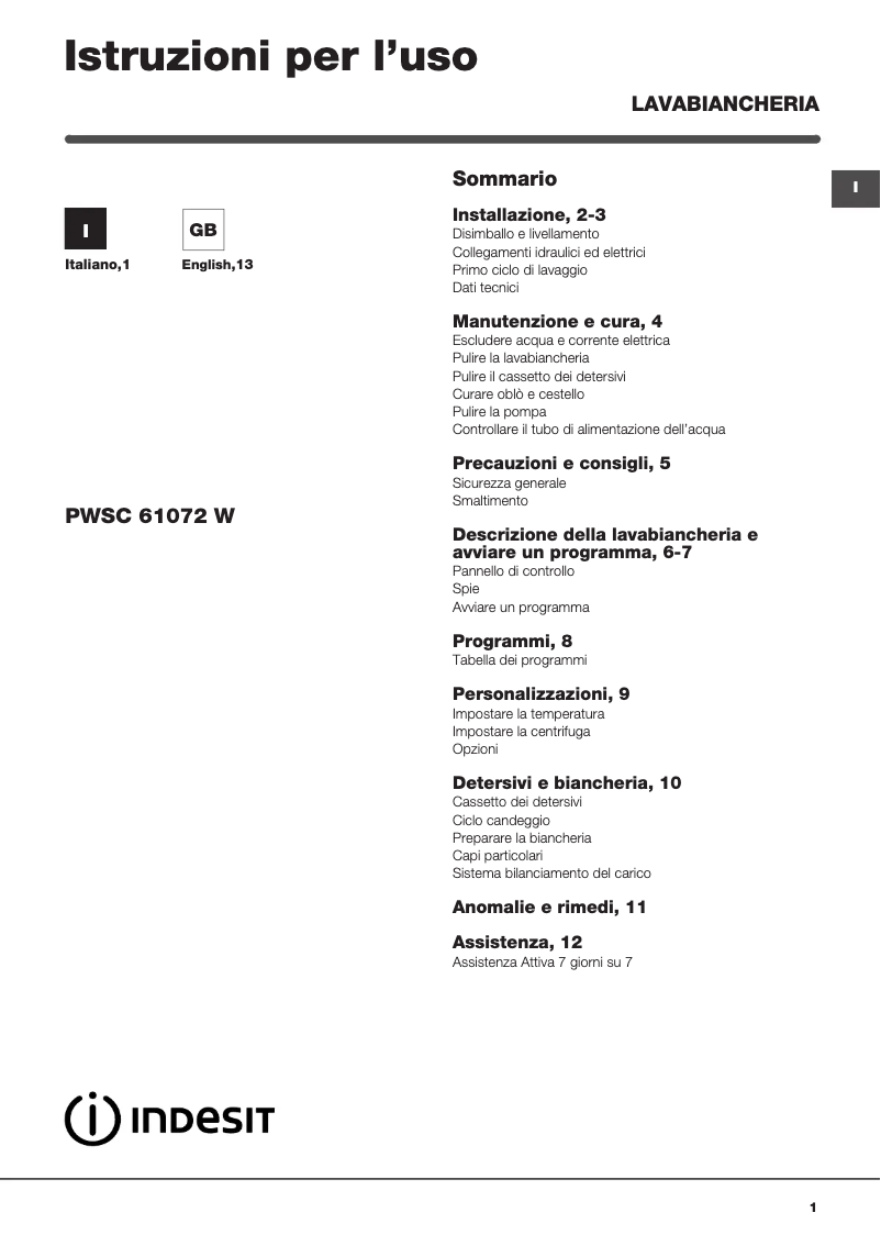 Page 1 de la notice Manuel utilisateur Indesit PWSC 61072 W IT