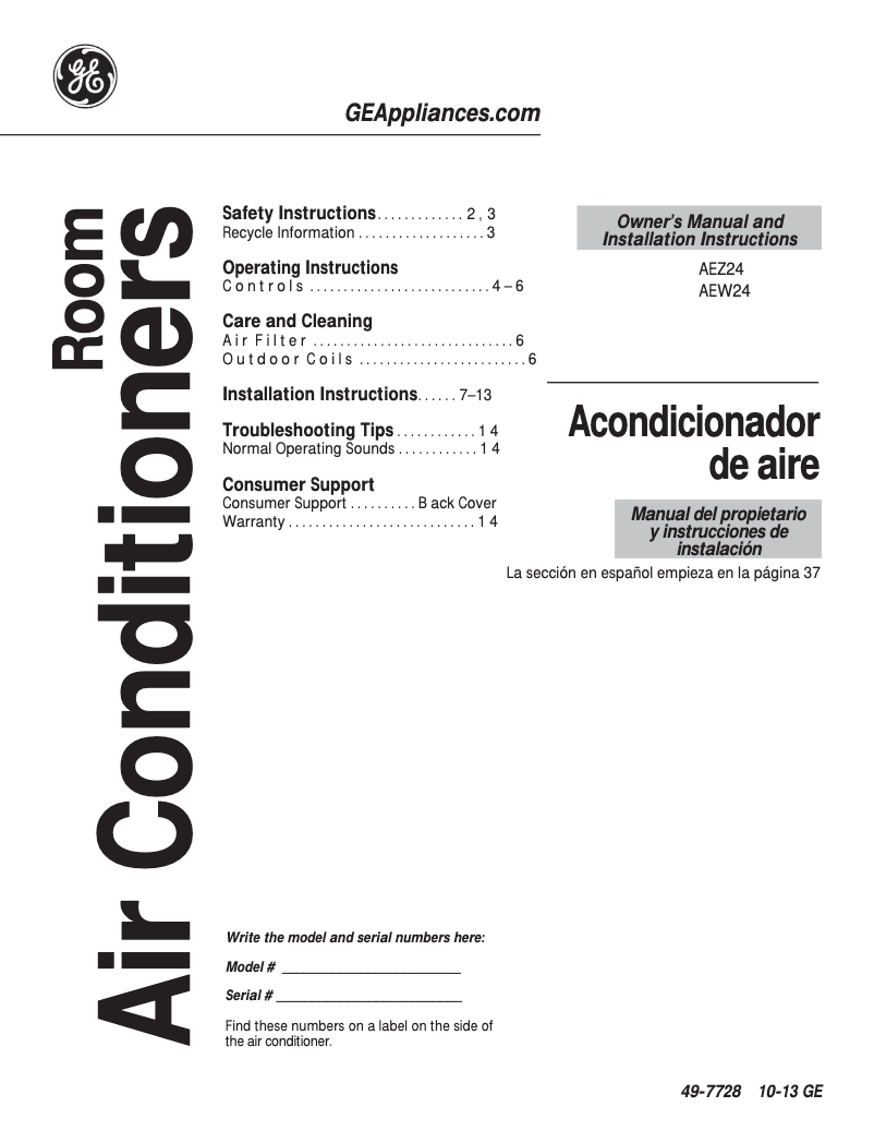 Page n°1 - Manuel d'utilisation et d'entretien GE AEW24DS