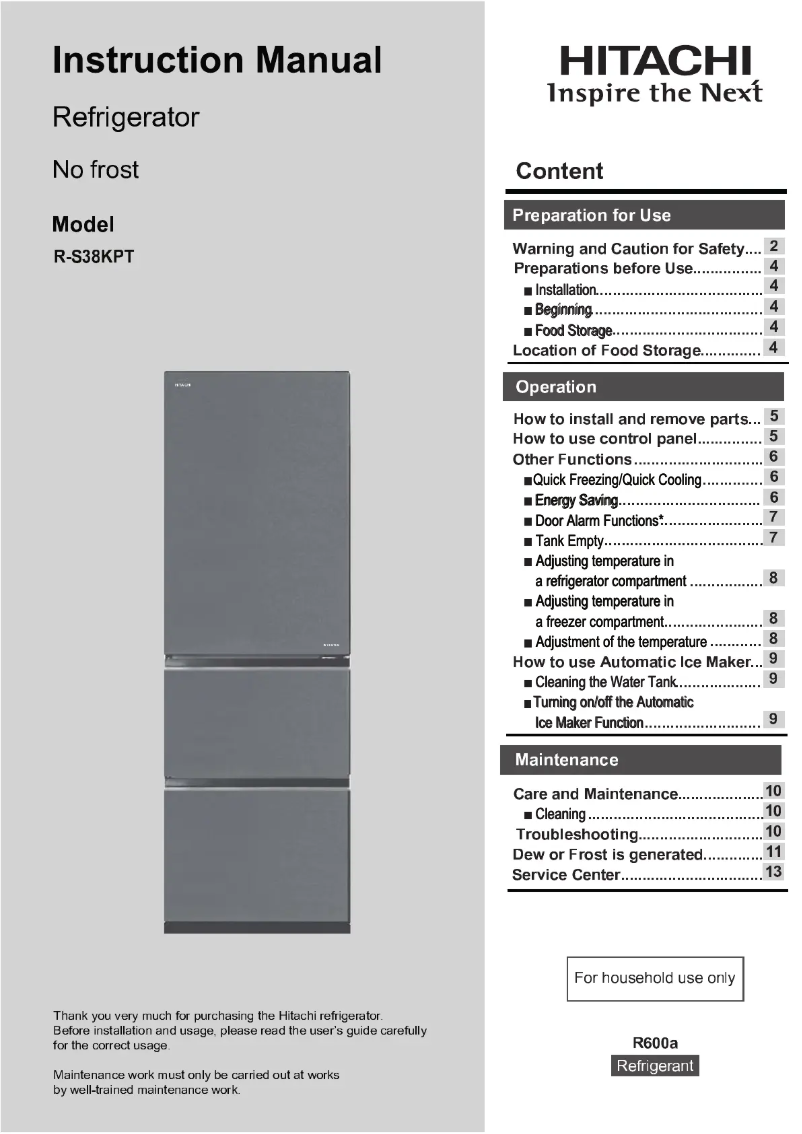 Page 1 de la notice Manuel utilisateur Hitachi R-S38KPT