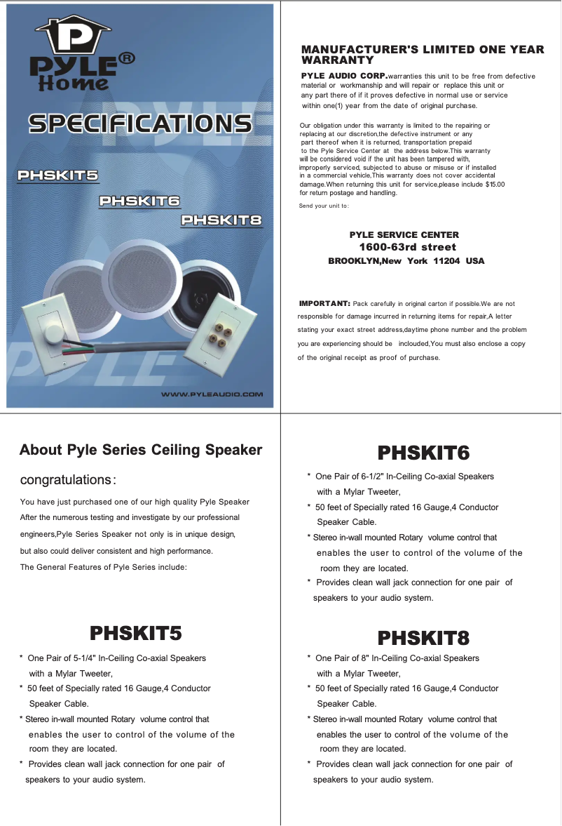 Page 1 de la notice Manuel utilisateur Pyle PHSKIT6