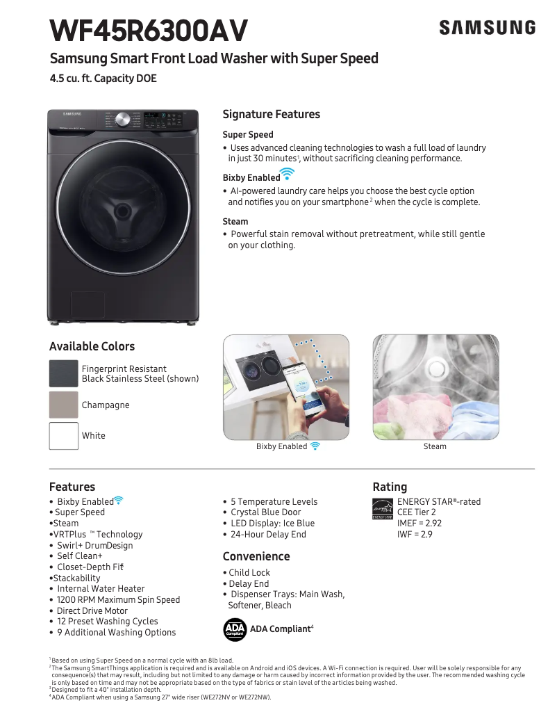 Page 1 de la notice Fiche technique Samsung WF45R6300AV/US