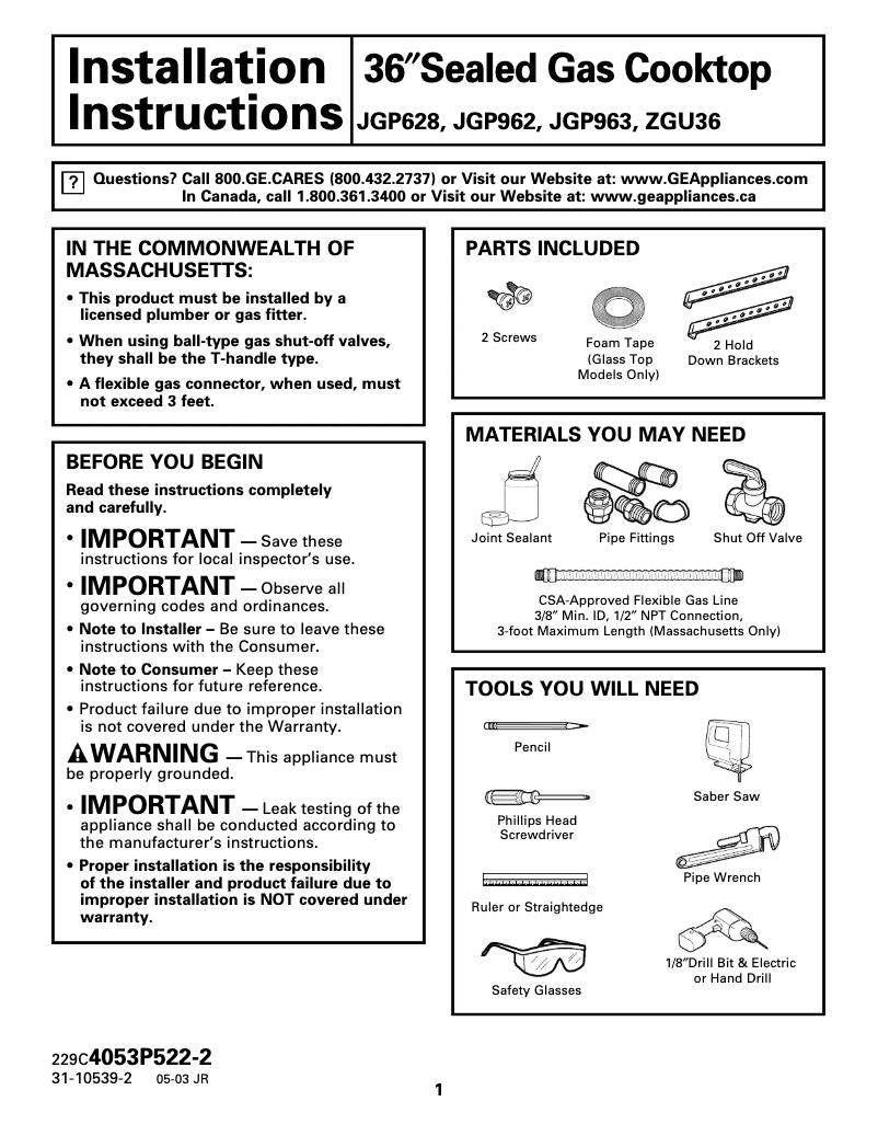 Page n°1 - Guide d'installation GE Profile JGP963BEJBB