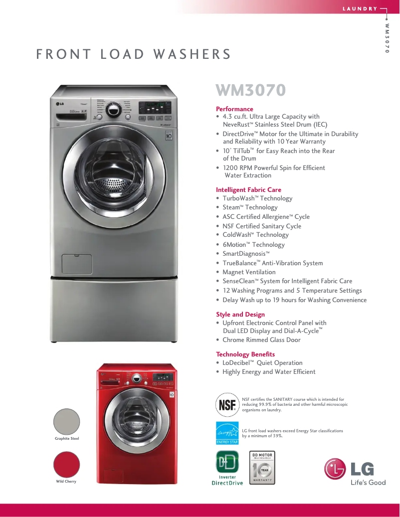 Página 1 del manual Ficha técnica LG WM3070HVA