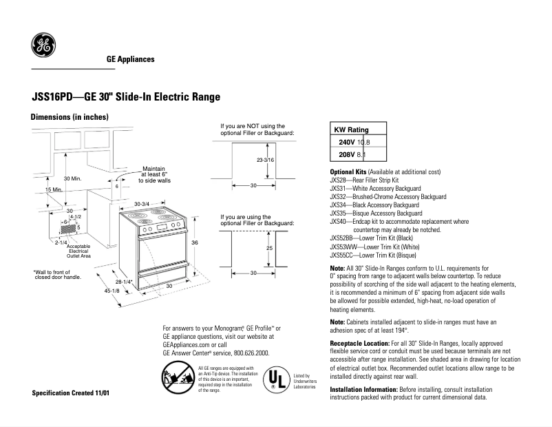 Page 1 of the manual Technical Sheet GE JSS16PDWH