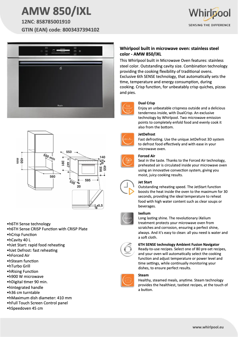 Page 1 de la notice Fiche technique Whirlpool AMW 850/IXL
