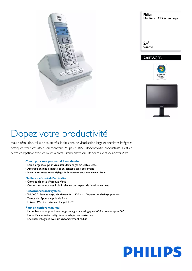 Page 1 de la notice Fiche technique Philips 240BW8EB