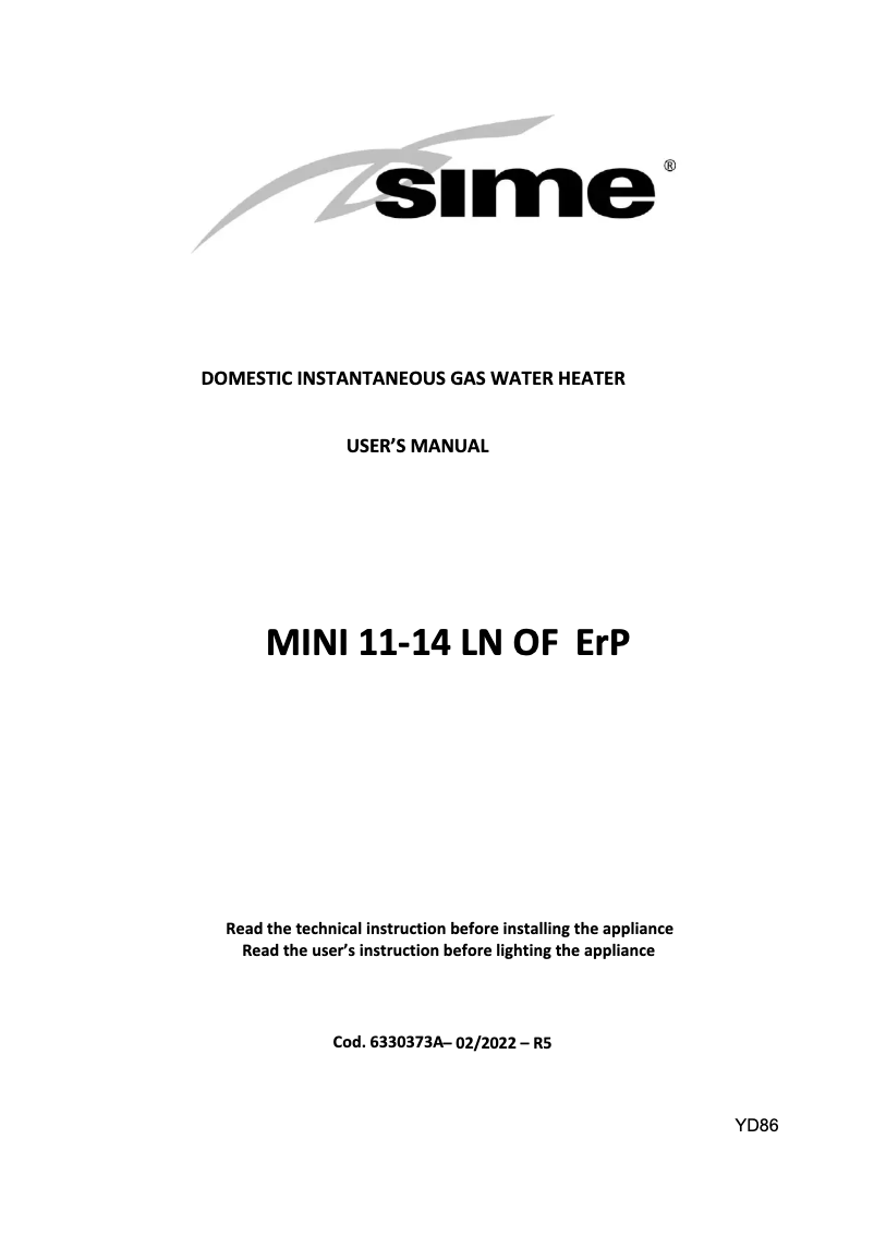Page n°1 - Manuel utilisateur SIME MINI 11-14 LN OF ErP