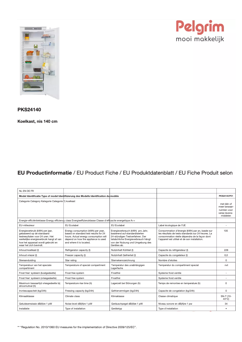Page 1 de la notice Fiche technique Pelgrim PKS24140