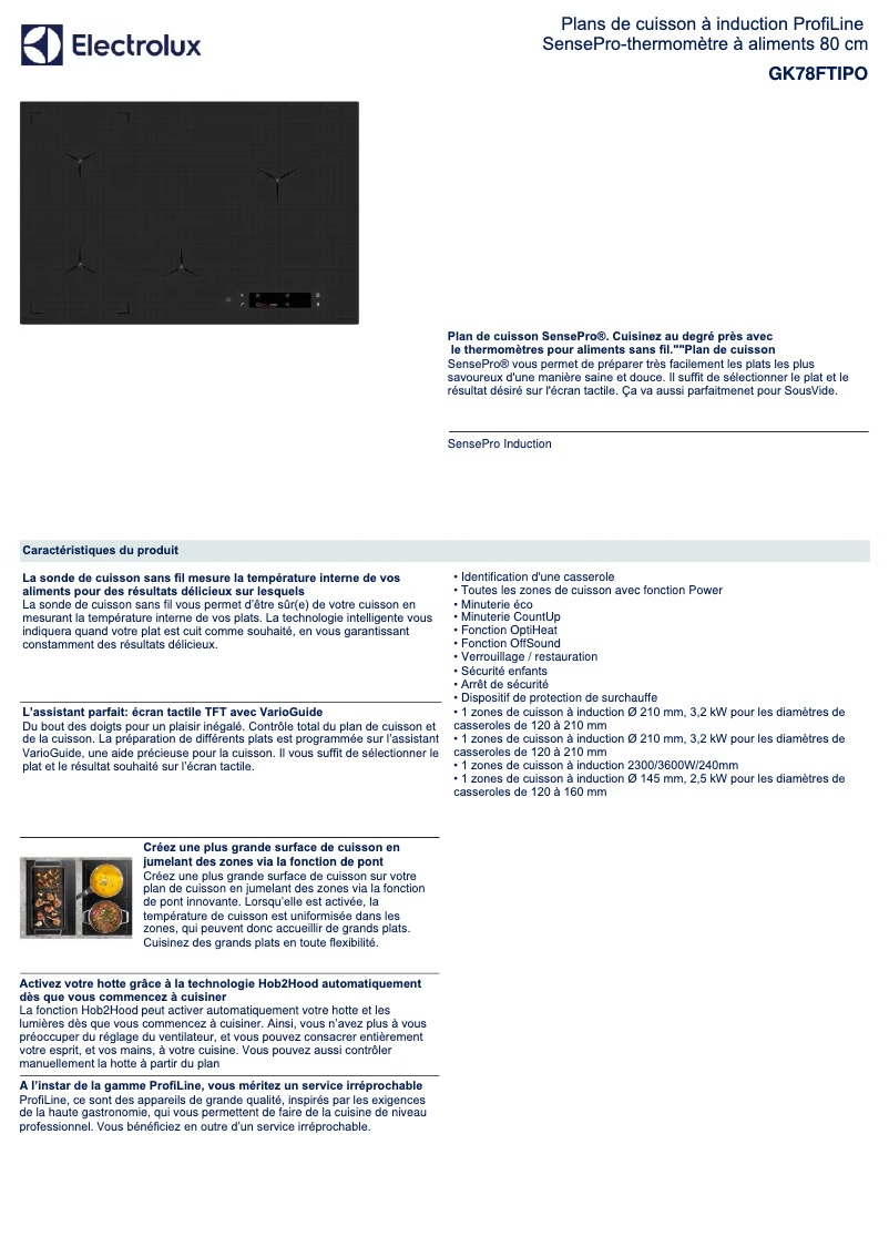 Page 1 de la notice Fiche technique Electrolux GK78FTIPO