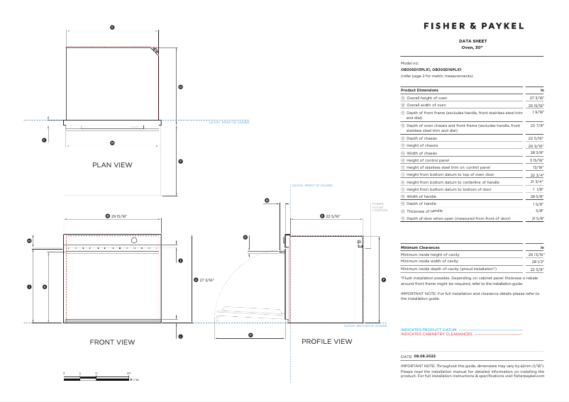 Page 1 de la notice Fiche technique Fisher & Paykel OB30SD17PLX1