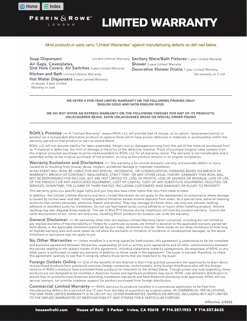 Page 1 de la notice Informations de garantie Rohl RSS3018