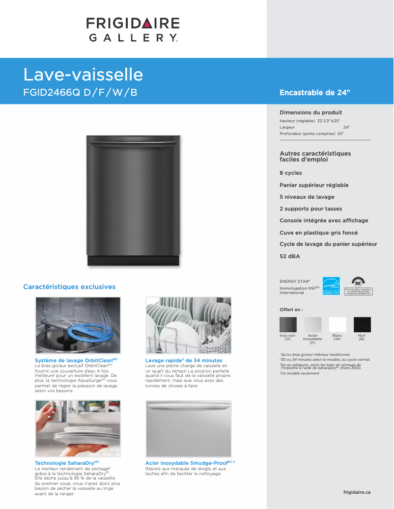 Page 1 de la notice Fiche technique Frigidaire FGID2466QF