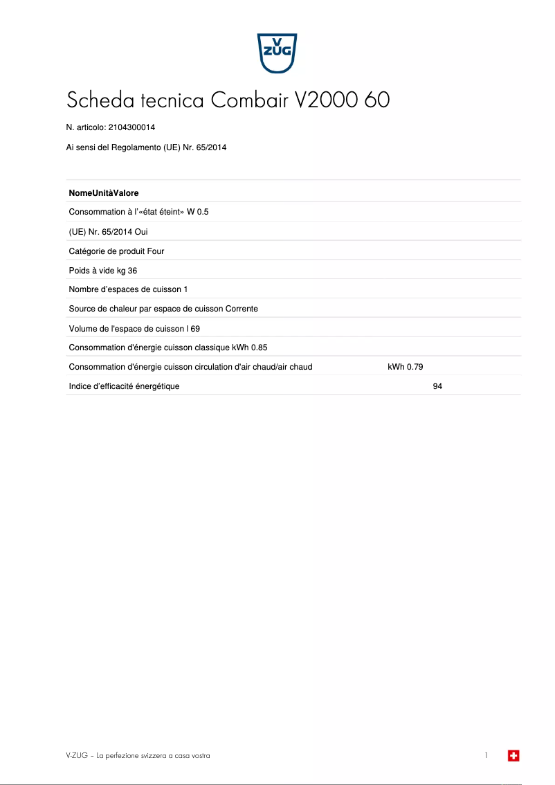 Page 1 de la notice Fiche technique V-Zug Combair V2000 60