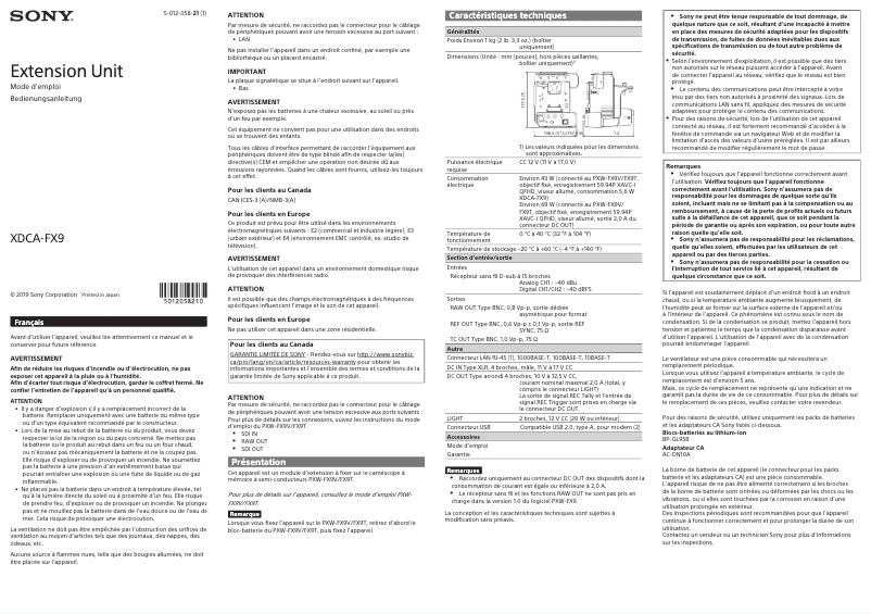 Page 1 de la notice Manuel utilisateur Sony XDCA-FX9