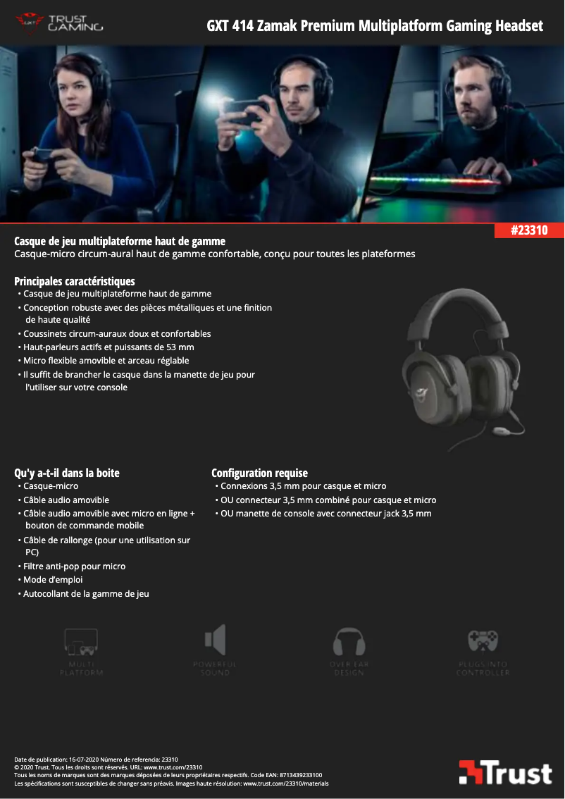 Page 1 de la notice Manuel utilisateur Trust Zamak GXT 414