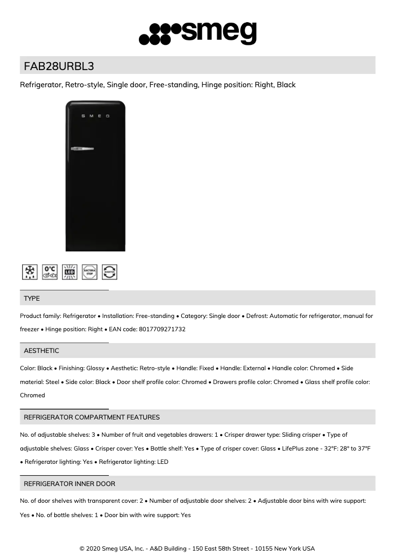 Page 1 de la notice Fiche technique Smeg FAB28URBL3