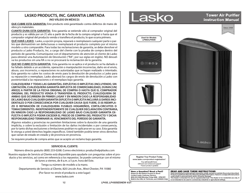 Page 1 de la notice Manuel utilisateur Lasko LP450S