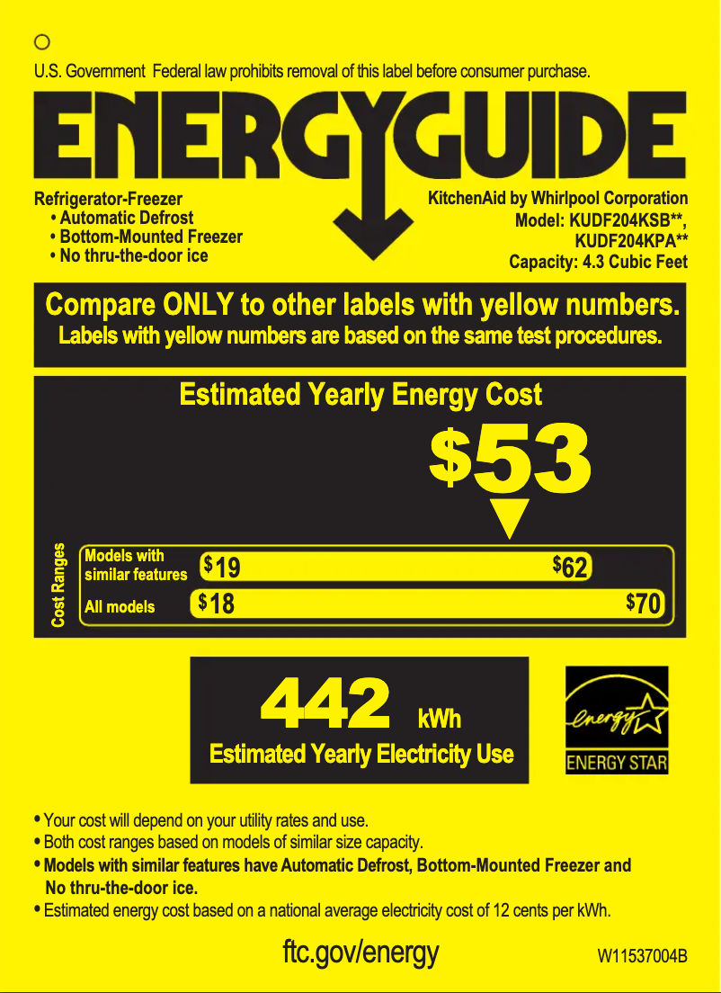 Page 1 de la notice Label énergétique KitchenAid KUDF204KSB
