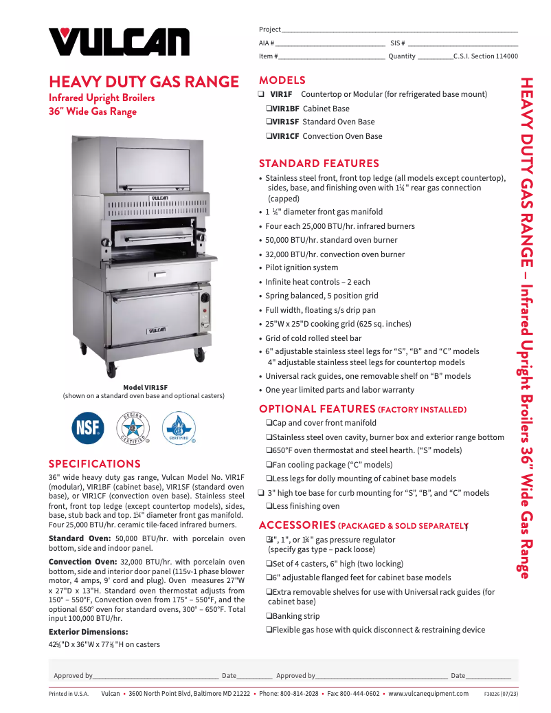 Página 1 del manual Ficha técnica Vulcan VIR1F