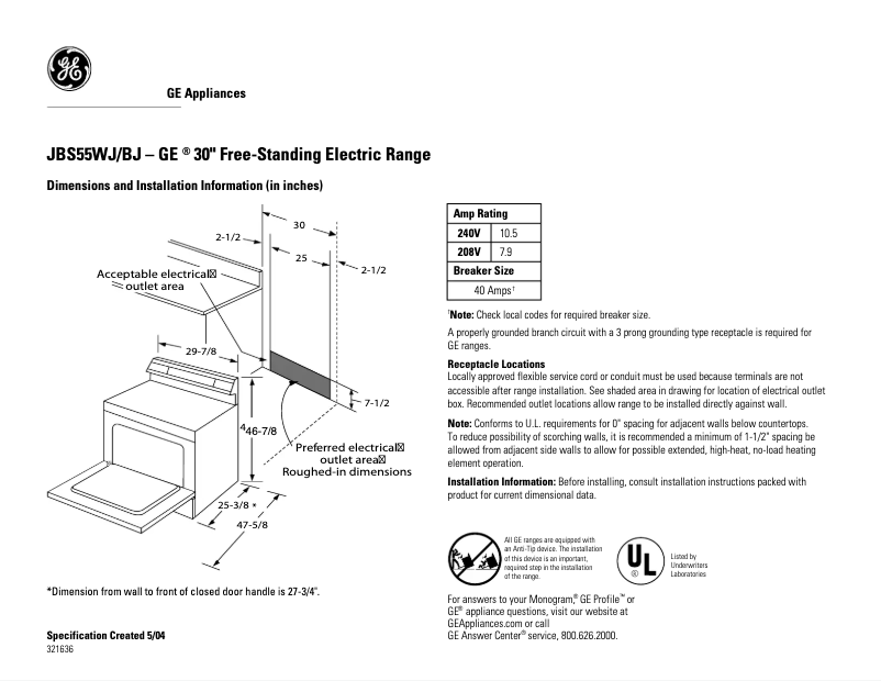 Page n°1 - Fiche technique GE JBS55WJWW