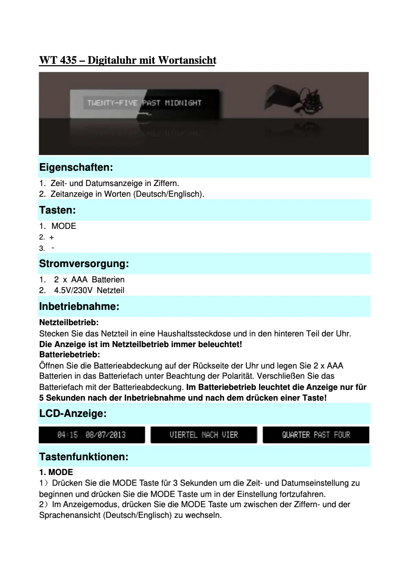 Image de la première page du manuel de l'appareil WT 435