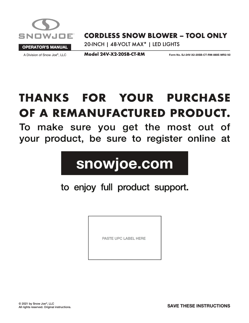 Page 1 de la notice Manuel utilisateur Snow Joe 24V-X2-20SB-CT-RM
