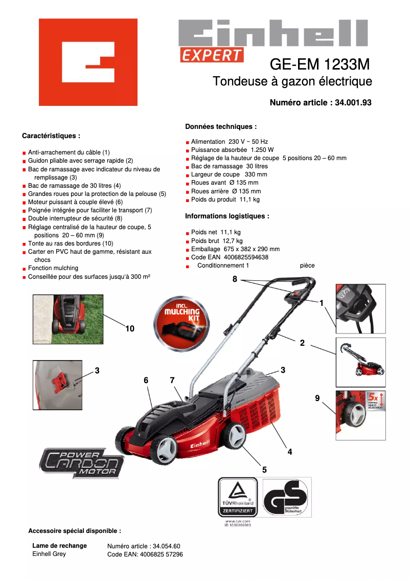 Page 1 de la notice Fiche technique Einhell GE-EM 1233 M