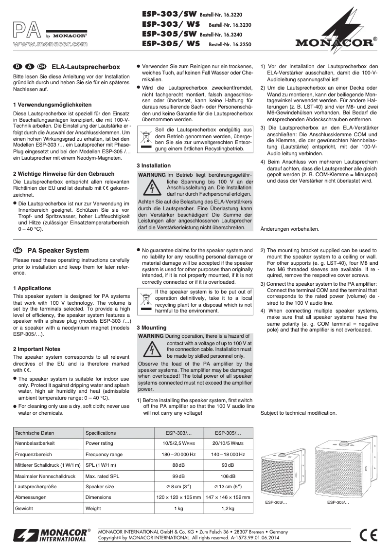 Page 1 de la notice Manuel utilisateur Monacor ESP-305/WS