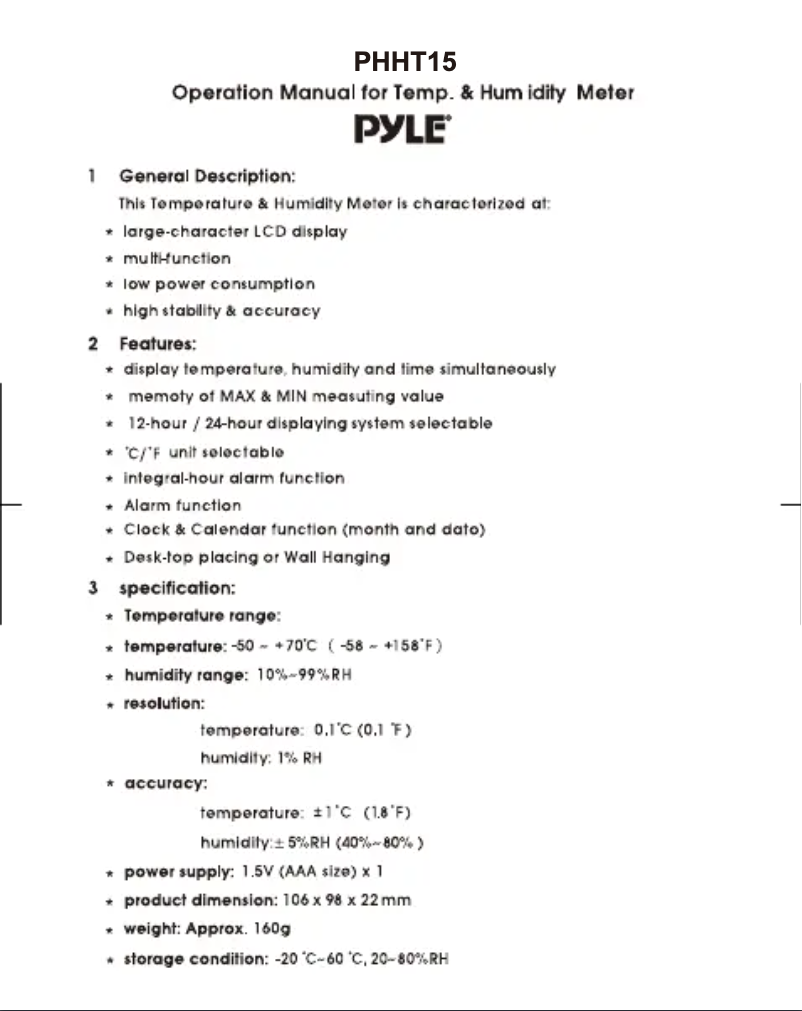 Page 1 de la notice Manuel utilisateur Pyle PHHT15