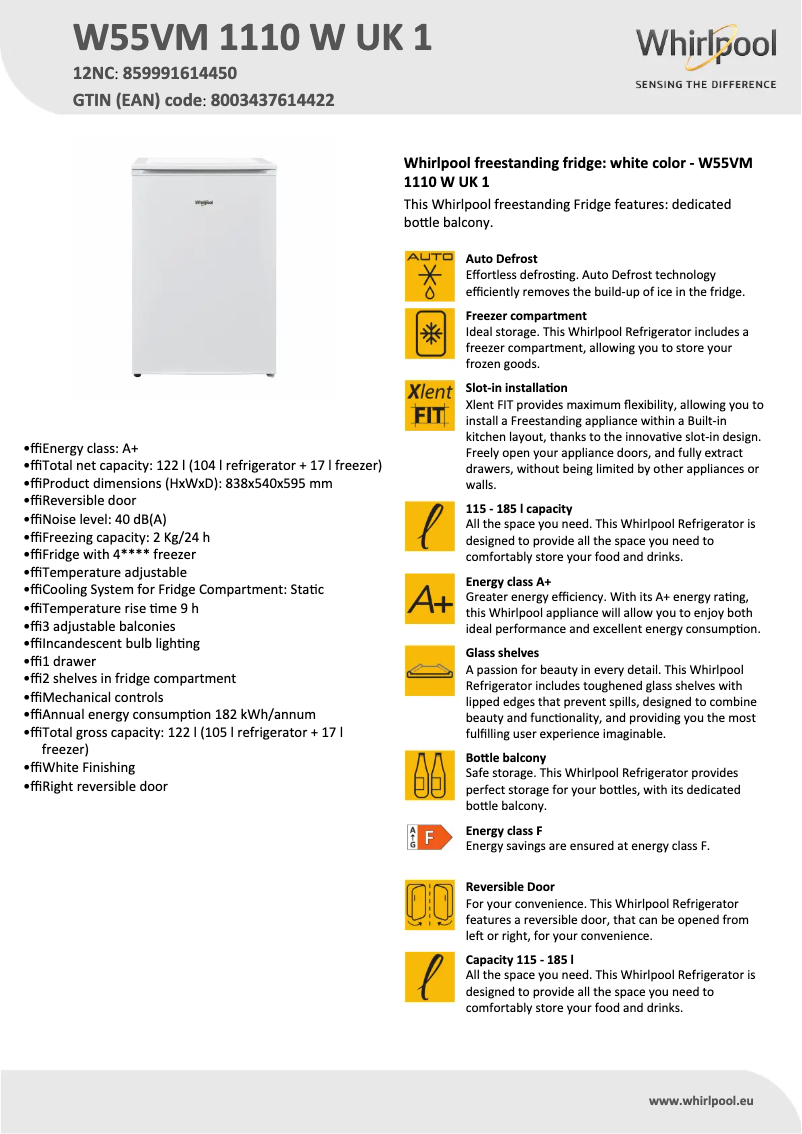 Page 1 de la notice Fiche technique Whirlpool W55VM 1110 W UK 1