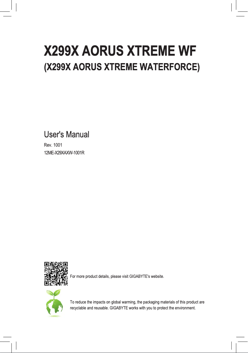 Page 1 de la notice Manuel utilisateur Gigabyte X299X Aorus Xtreme Waterforce