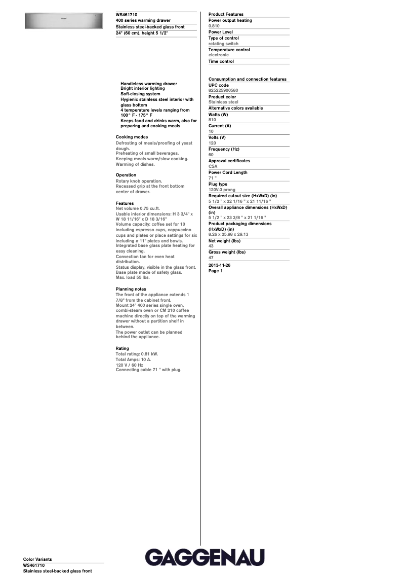 Page 1 de la notice Fiche technique Gaggenau WS461710