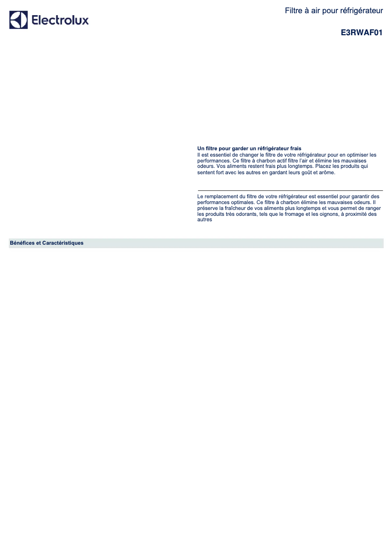 Page 1 de la notice Fiche technique Electrolux E3RWAF01