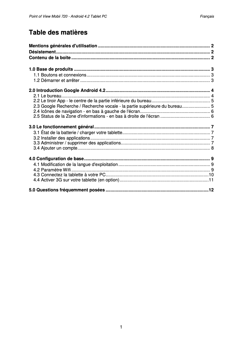 Page n°1 - Manuel utilisateur Point of View Mobii 720