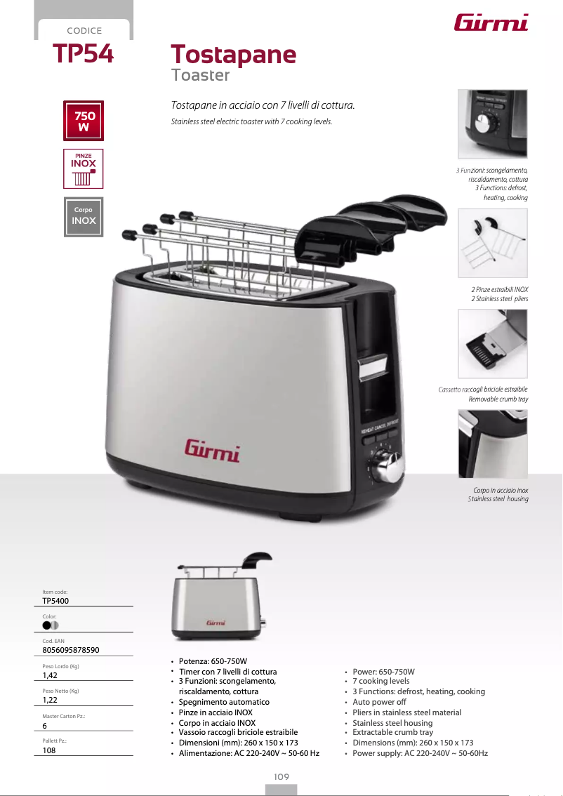 Page 1 de la notice Fiche technique Girmi TP54