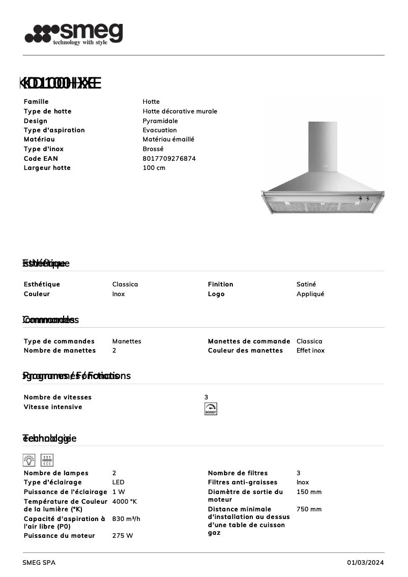 Page n°1 - Fiche technique Smeg KD100HXE