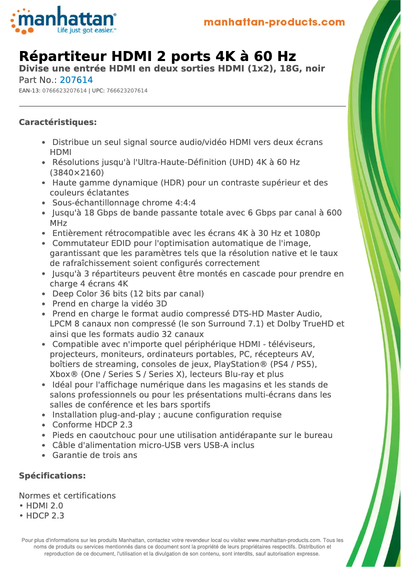 Page 1 de la notice Fiche technique Manhattan 207614