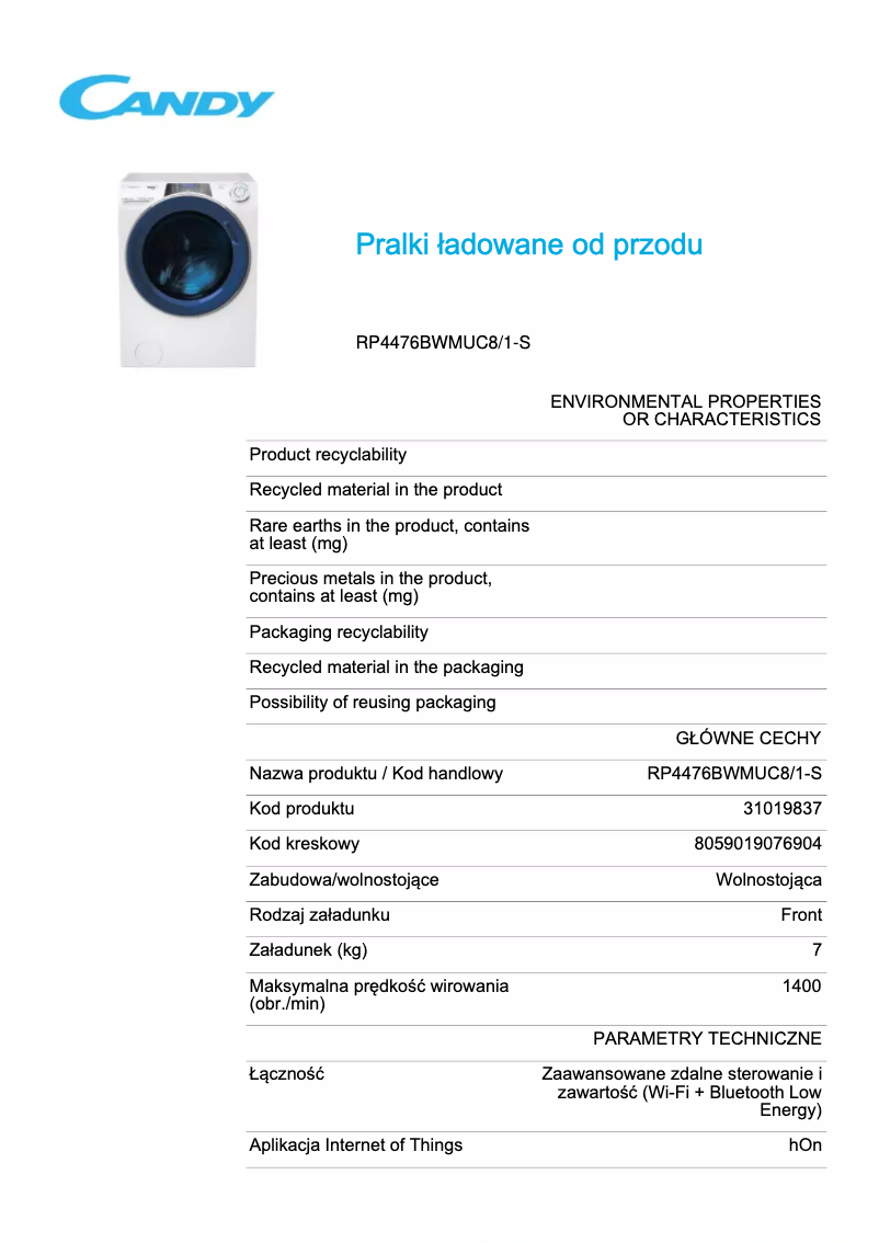 Page 1 de la notice Fiche technique Candy RP4476BWMUC8/1-S