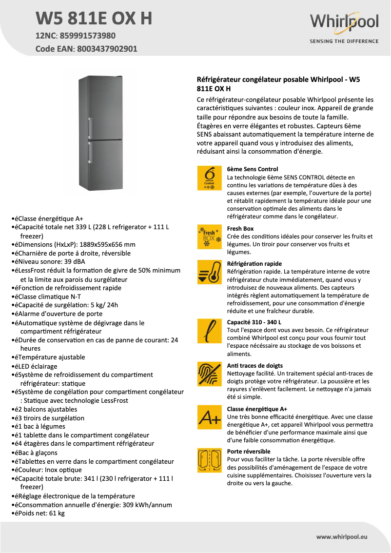 Page 1 de la notice Fiche technique Whirlpool W5 811E OX H