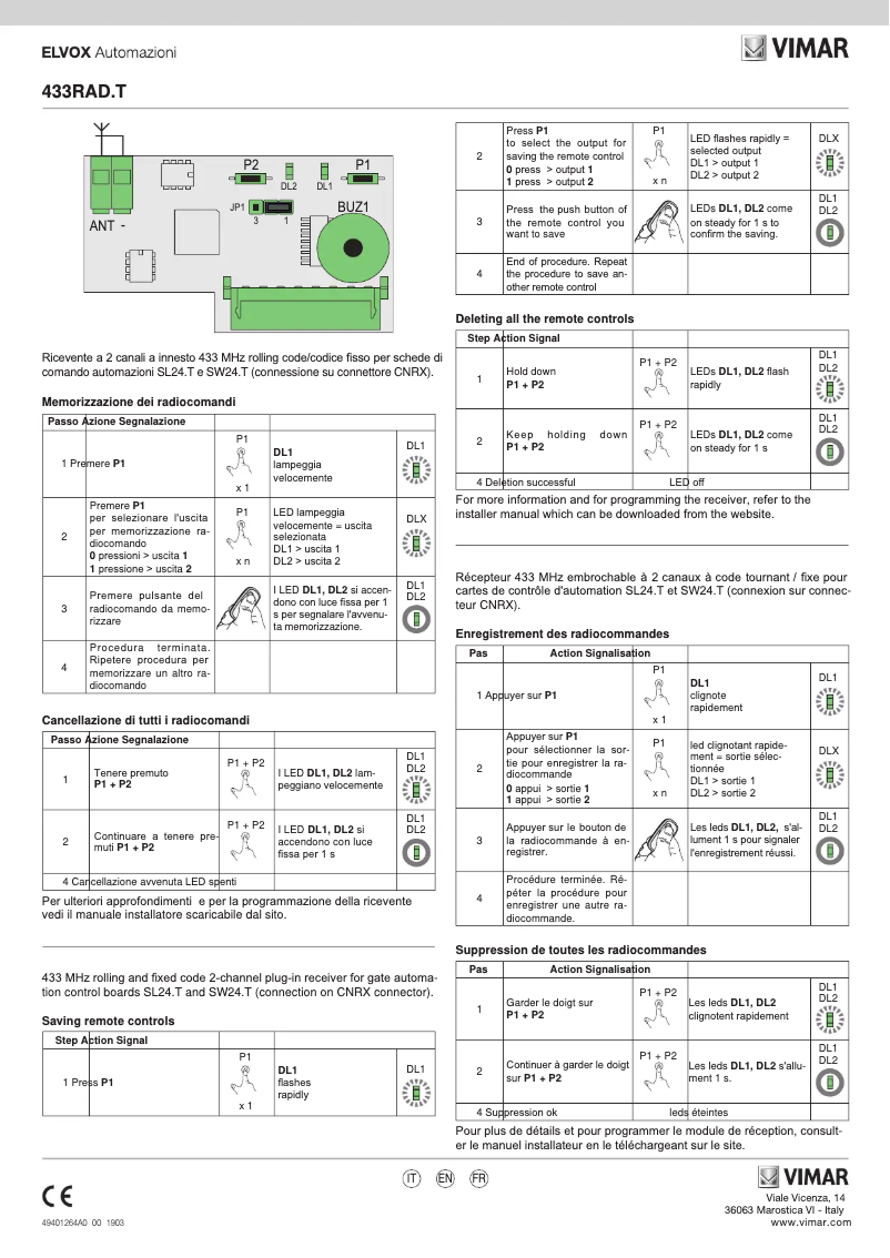 Page 1 de la notice Instructions / montage Vimar ELVOX 433RAD.T
