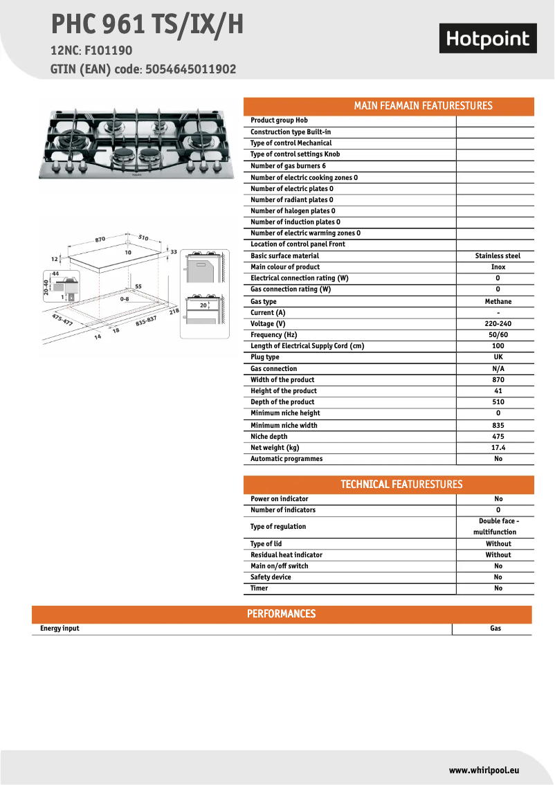 Page n°1 - Fiche technique Hotpoint PHC 961 TS/IX/H