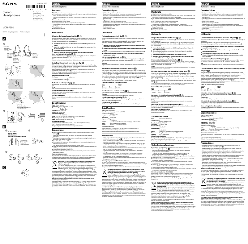 Page 1 de la notice Manuel utilisateur Sony MDR-7550