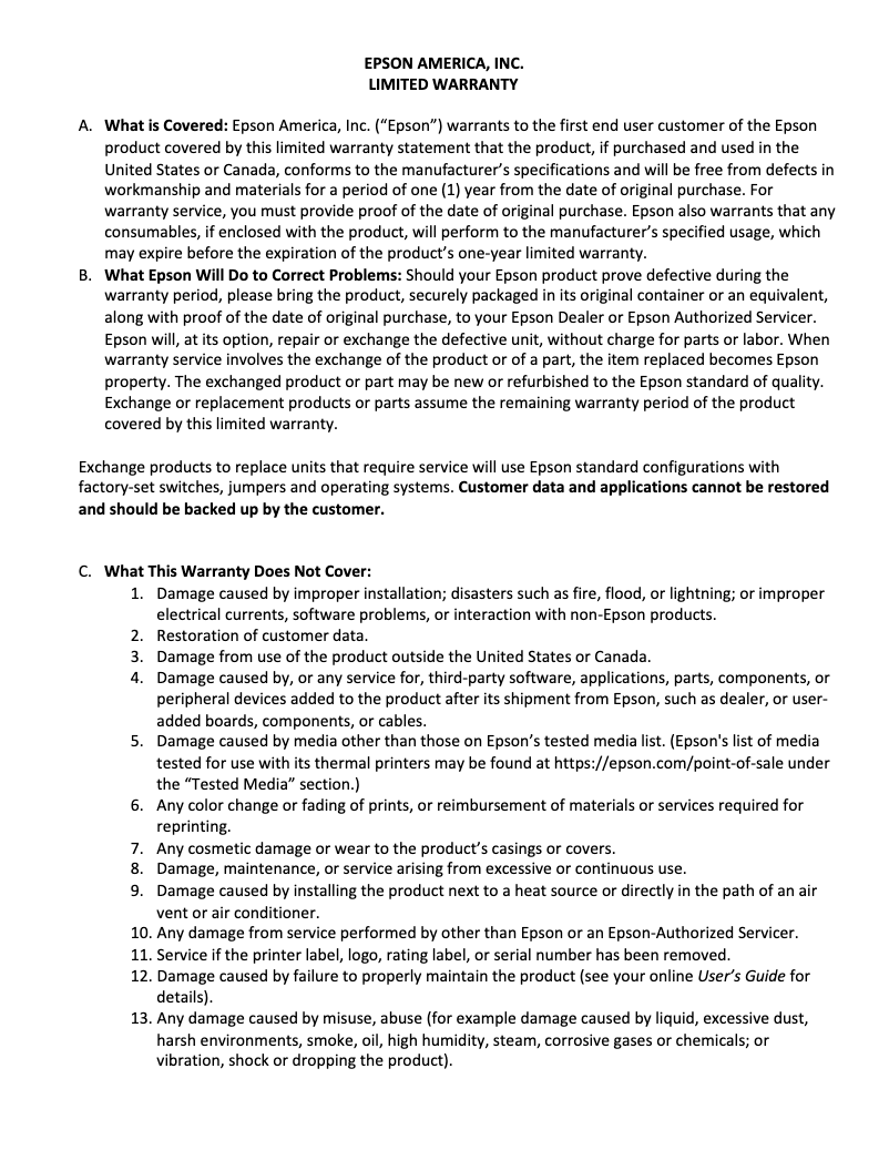 Page 1 de la notice Informations de garantie Epson Mobilnk TM-P80 Plus