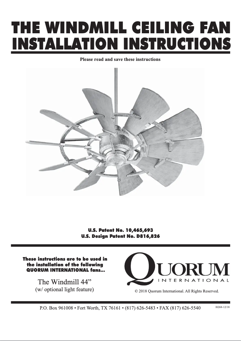 Page n°1 - Manuel utilisateur Quorum International Windmill 94410-9