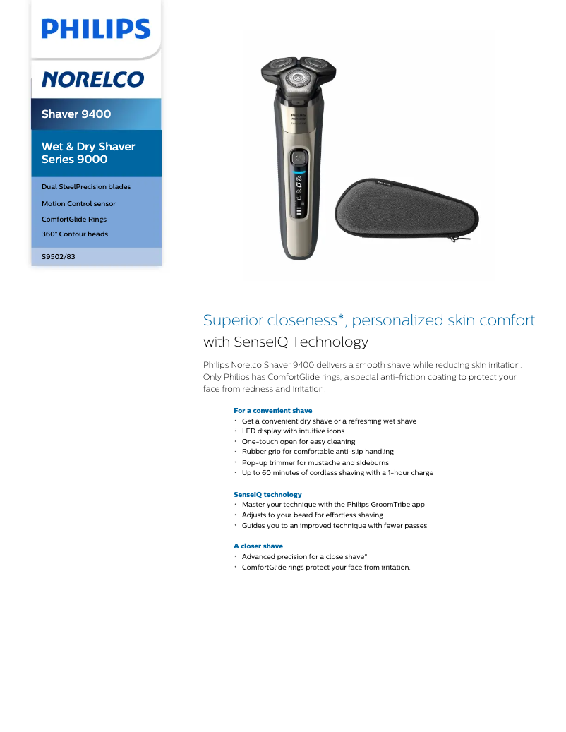 First page image of the manual for Norelco Series 9400 S9502