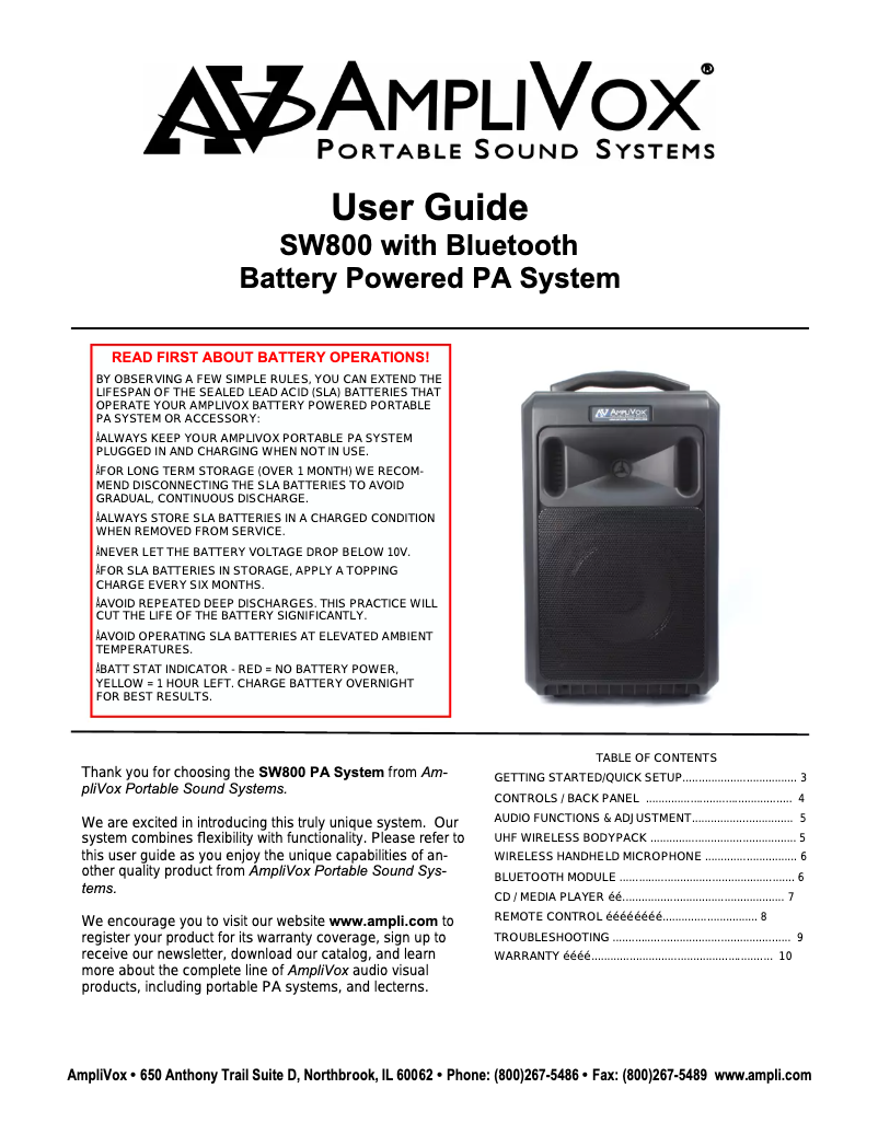 Page n°1 - Manuel utilisateur AmpliVox SW800
