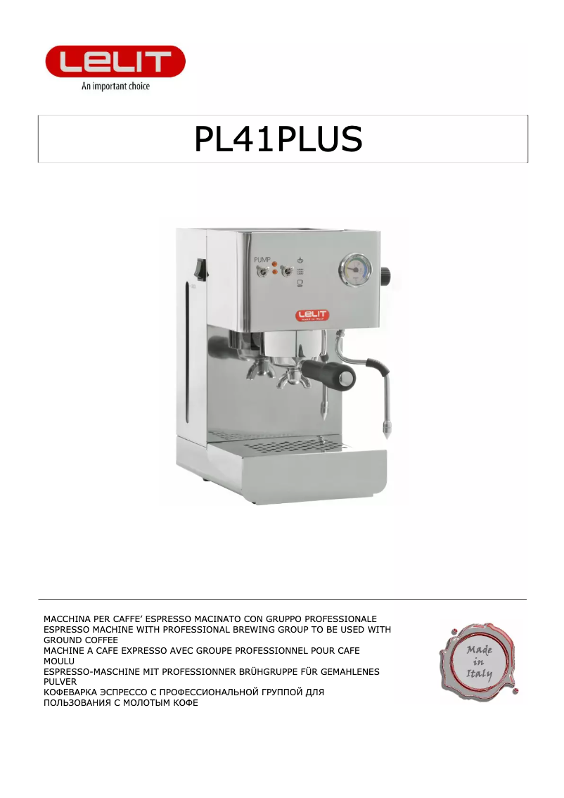 Page n°1 - Manuel utilisateur Lelit PL41PLUS